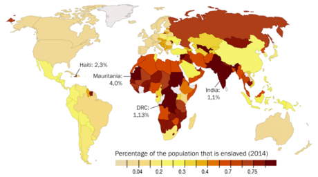 Percentage of the population that is enslaved (2014) | Source: Rick Noack in The Washington Post 18-11-2013. Data source: Walk Free Global Slavery Index.