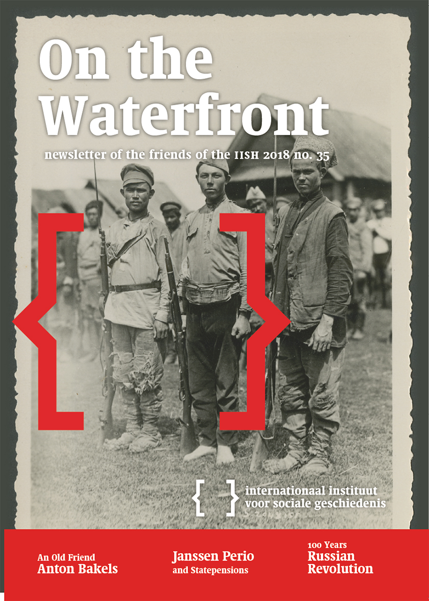 Cover of On the Waterfront 35. A black-and-white photograph from 1919 showing three soldiers of the White Army standing in formation, dressed in rags and each carrying a rifle. The one in the middle is barefoot.