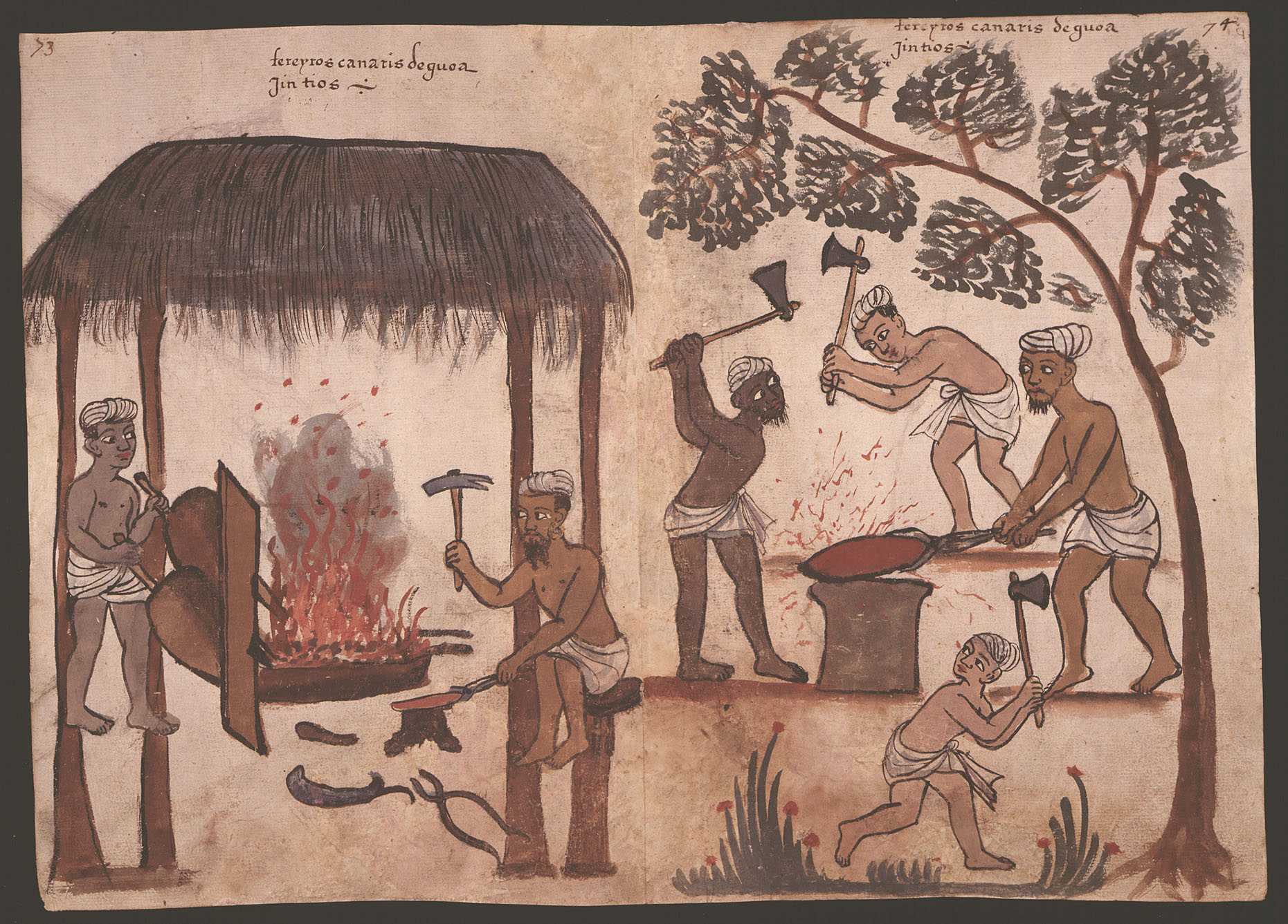 Anonymous 16th century Portuguese illustration from the Códice Casanatense, depicting blacksmiths from Goa, in the Kanara Coast. The inscription reads: "Kanarese blacksmiths from Goa. Gentiles