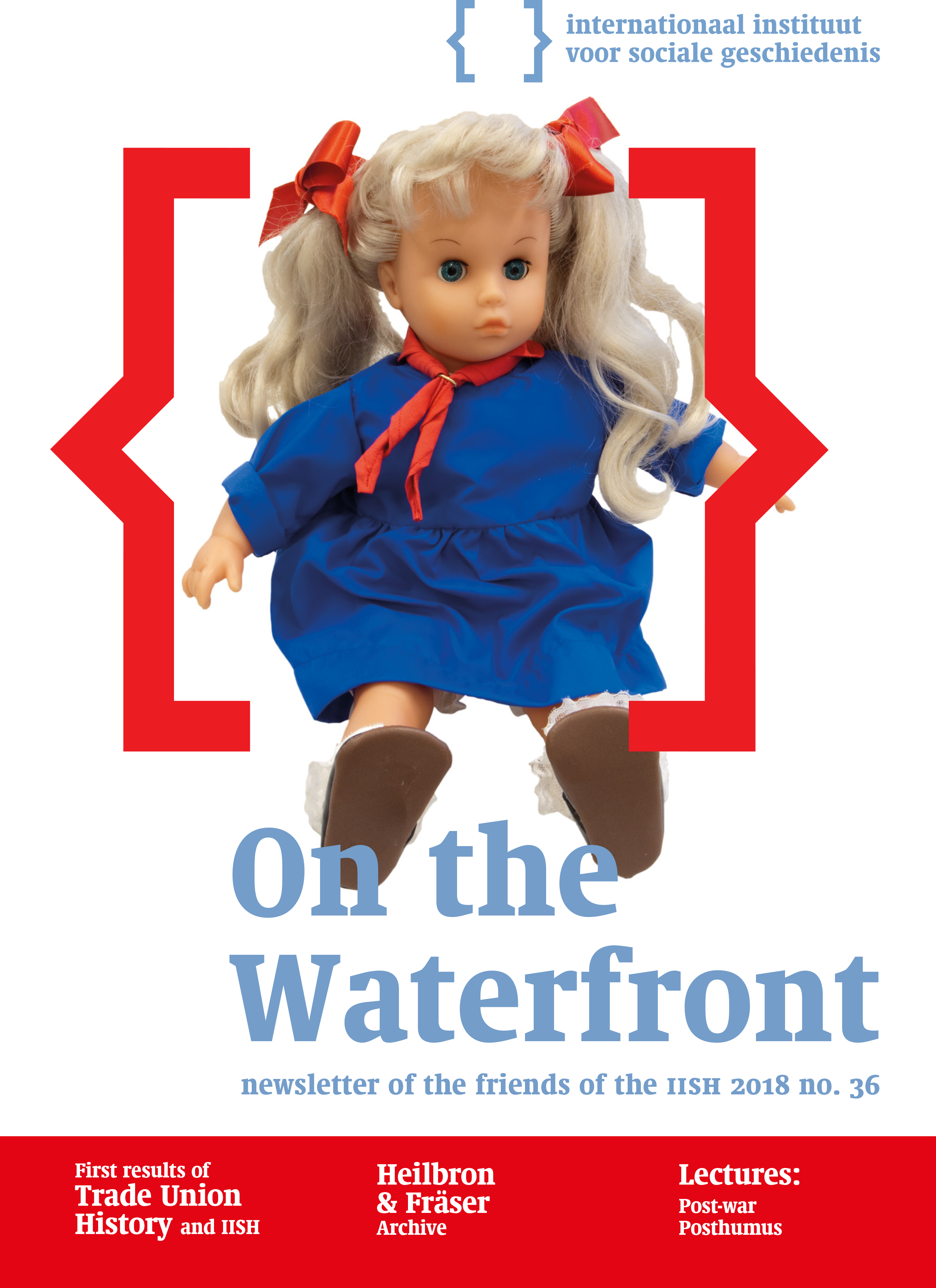 Cover of On the Waterfront 36. Photograph of a doll based on the cartoon character Mieke Meijer, designed by Ger Sligte. The doll depicts a little girl in a blue dress with red bows in her long blonde hair.