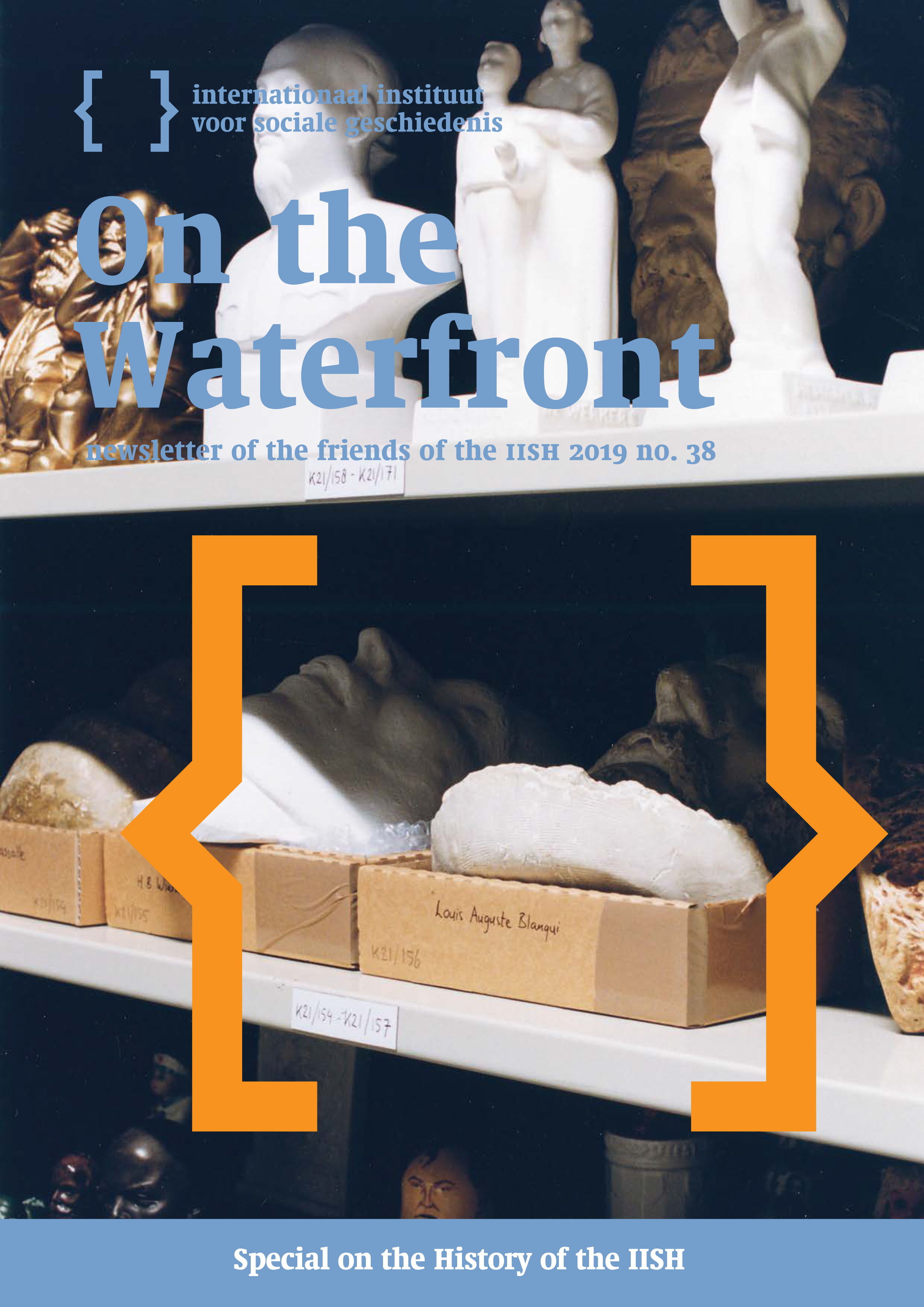 Cover of On the Waterfront 38. Cover of On the Waterfront 38. Photo of some shelves in the IISH archive containing marble busts and small sculptures.