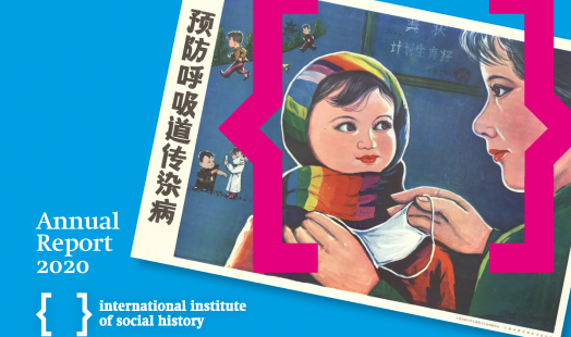 The cover image of the IISH annual report 2020 depicts a stylised image of a person putting a  face mask on a child.