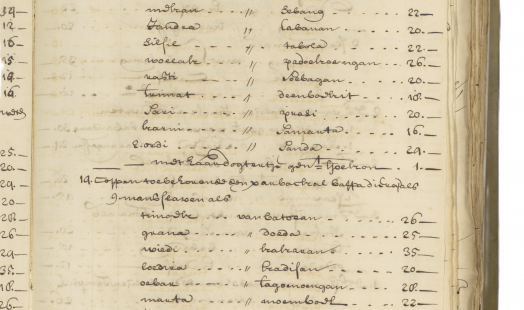 Lijst met namen, leeftijd en afkomst van Balinese slaafgemaakte vrouwen die in Batavia zijn aangekomen, 1718. 