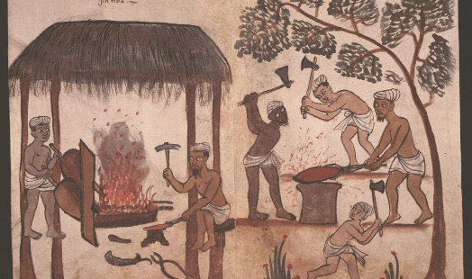 Anonymous 16th century Portuguese illustration from the Códice Casanatense, depicting blacksmiths from Goa, in the Kanara Coast. The inscription reads: "Kanarese blacksmiths from Goa. Gentiles